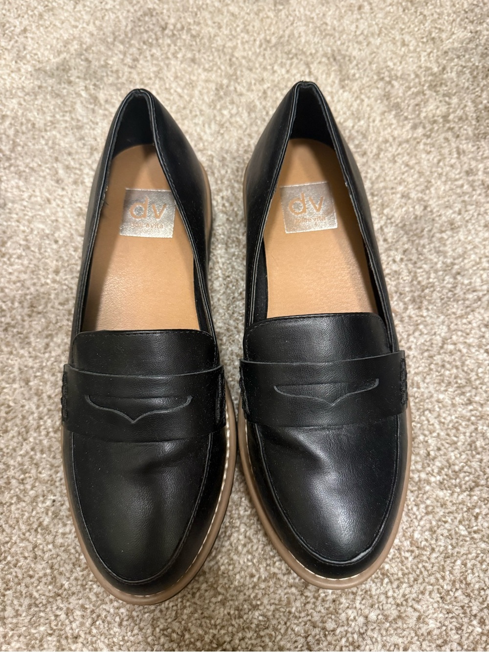 DV by Dolce Vita Black Leather Penny Loafers with Tan Sole